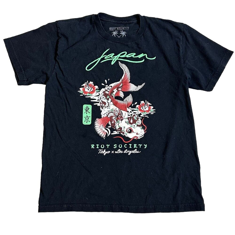 Riot Society T-shirt Medium Black Koi Fish Japan Tokyo x Los Angeles Cotton Tee